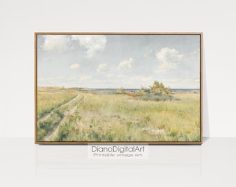 Vintage Field Landscape, Country Road Painting,  Printable Wall Art Digital Download