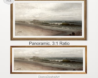 Printable Long Landscape Art, Panoramic Seascape Art Print, Above Bed Coastal Painting, Digital Download