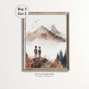 Two Boys Adventure, Printable Wall Art, Boy Bedroom Decor, Neutral Hills Watercolor, Pictures of Two Brothers, Digital Download