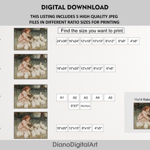 May include: A digital download listing for a printable image of a young girl in a pink dress feeding a group of white bunnies. The listing includes five different size options for printing, including 2x3, 3x4, 4x5, 5x7, and 11x14 ratios.