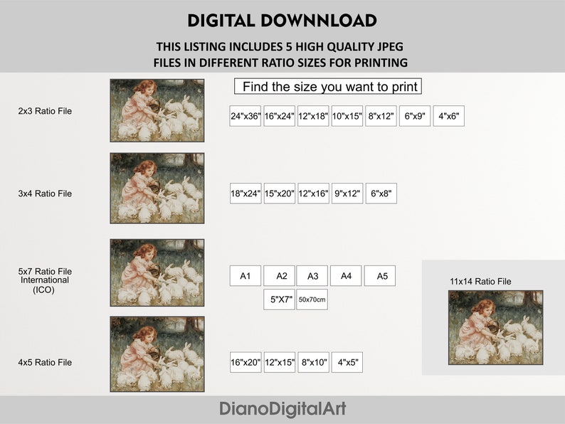 May include: A digital download listing for a printable image of a young girl in a pink dress feeding a group of white bunnies. The listing includes five different size options for printing, including 2x3, 3x4, 4x5, 5x7, and 11x14 ratios.
