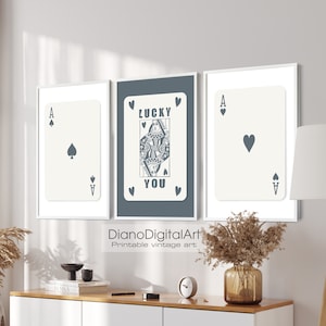 Afdrukbare trendy retro muurkunst set van 3 Lucky You poster, donkergrijze kleur speelkaart print, digitale download