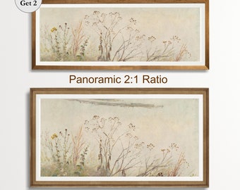 Printable Panoramic Wild Flowers Print, Country Landscape Riverside Painting, Farmhouse Decor, Digital Download