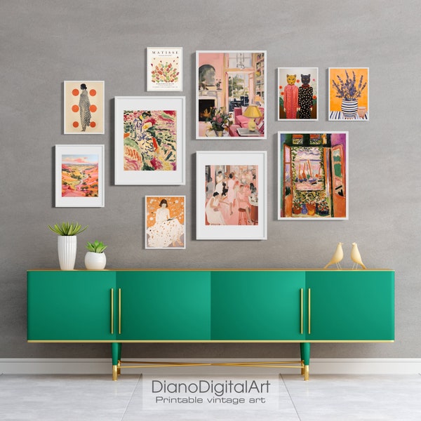 Eklektisches Galerie-Set mit zehn Galeriedrucken in Bunten Farbtönen zum digitalen Download, trendiges Wohnheimzimmerdekor, druckbare Wandkunst
