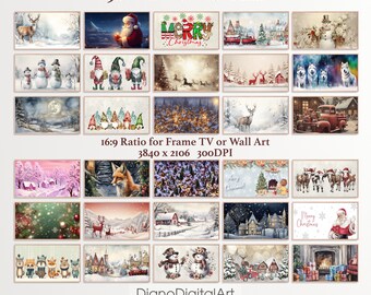 May include: A collection of 30 digital art files featuring winter and Christmas scenes. The images are in a 16:9 ratio, perfect for use as frame TV art or wall art. The images are 3840 x 2106 pixels and 300 DPI.