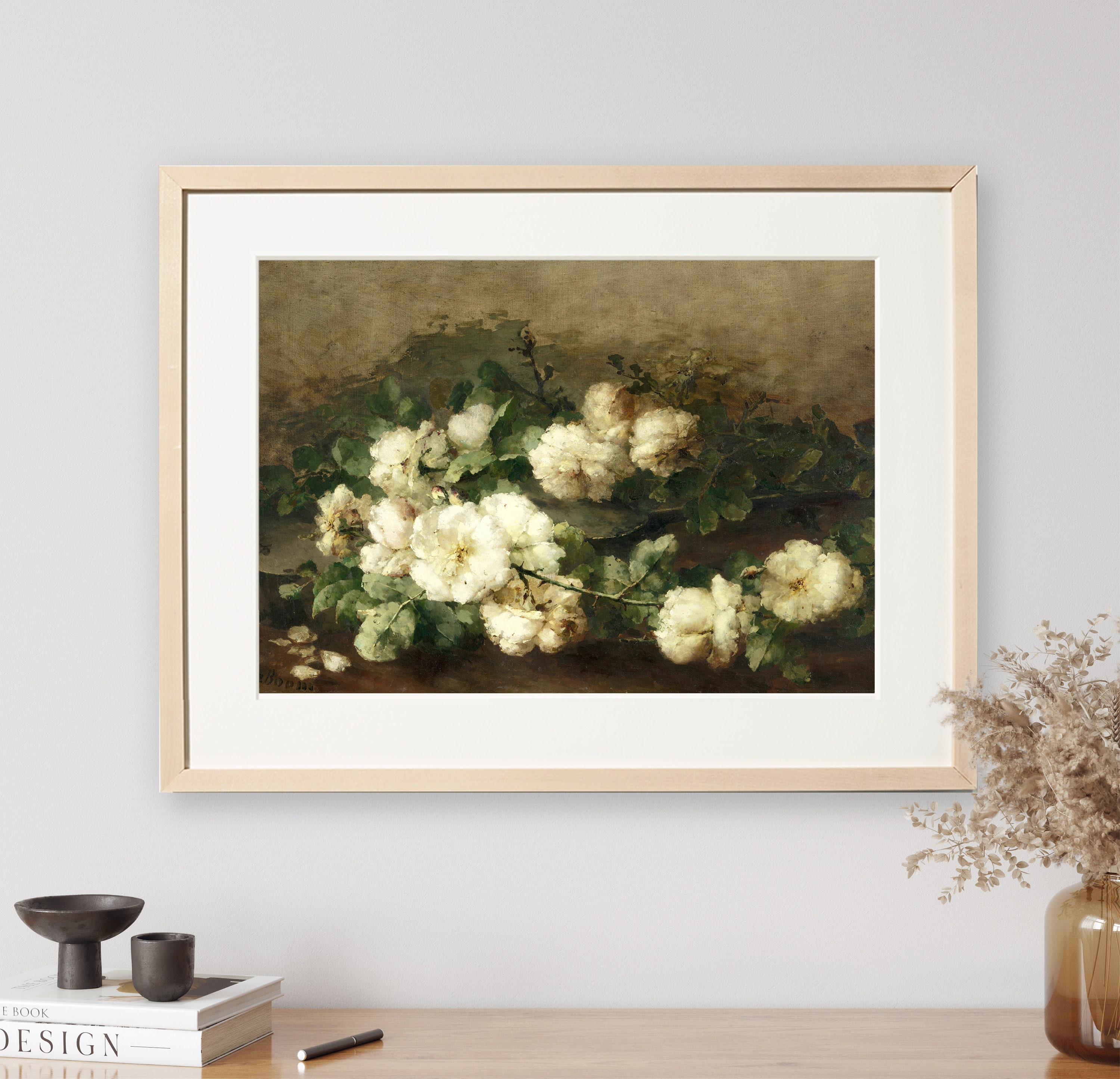 White Rose Painting Moody Vintage Flower Dark Floral Still Life Oil ...