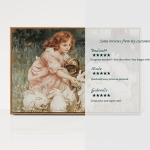 May include: A vintage illustration of a young girl in a pink dress feeding white rabbits in a meadow. The image is framed and has a white background with customer reviews.