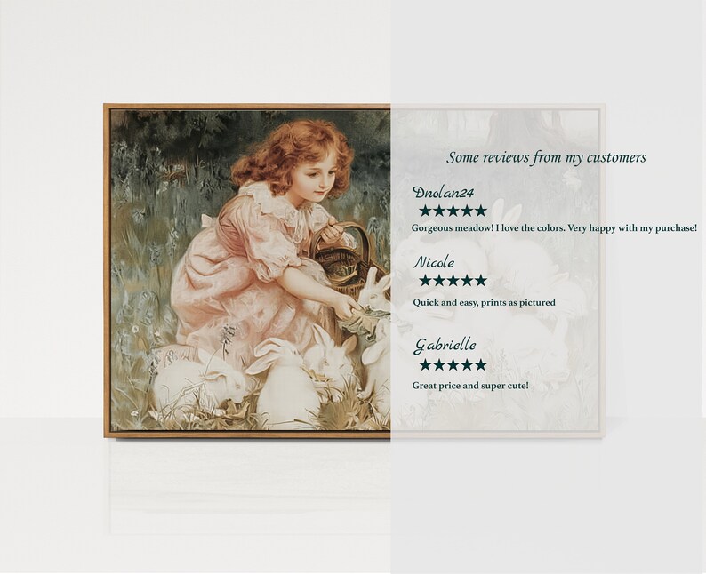 May include: A vintage illustration of a young girl in a pink dress feeding white rabbits in a meadow. The image is framed and has a white background with customer reviews.