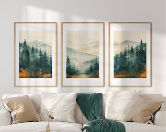 Afdrukbare Sage Green Mountain Wall Art Set van 3, Abstract Landschap, Modern Minimal Wall Decor, Pine Forest Wall Art, Digitale Download
