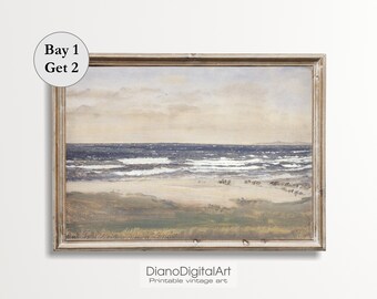 Vintage Coastal Seaside Painting, Vintage Seascape Art, Neutral Landscape Painting, Muted Tonal Print, Digital Download
