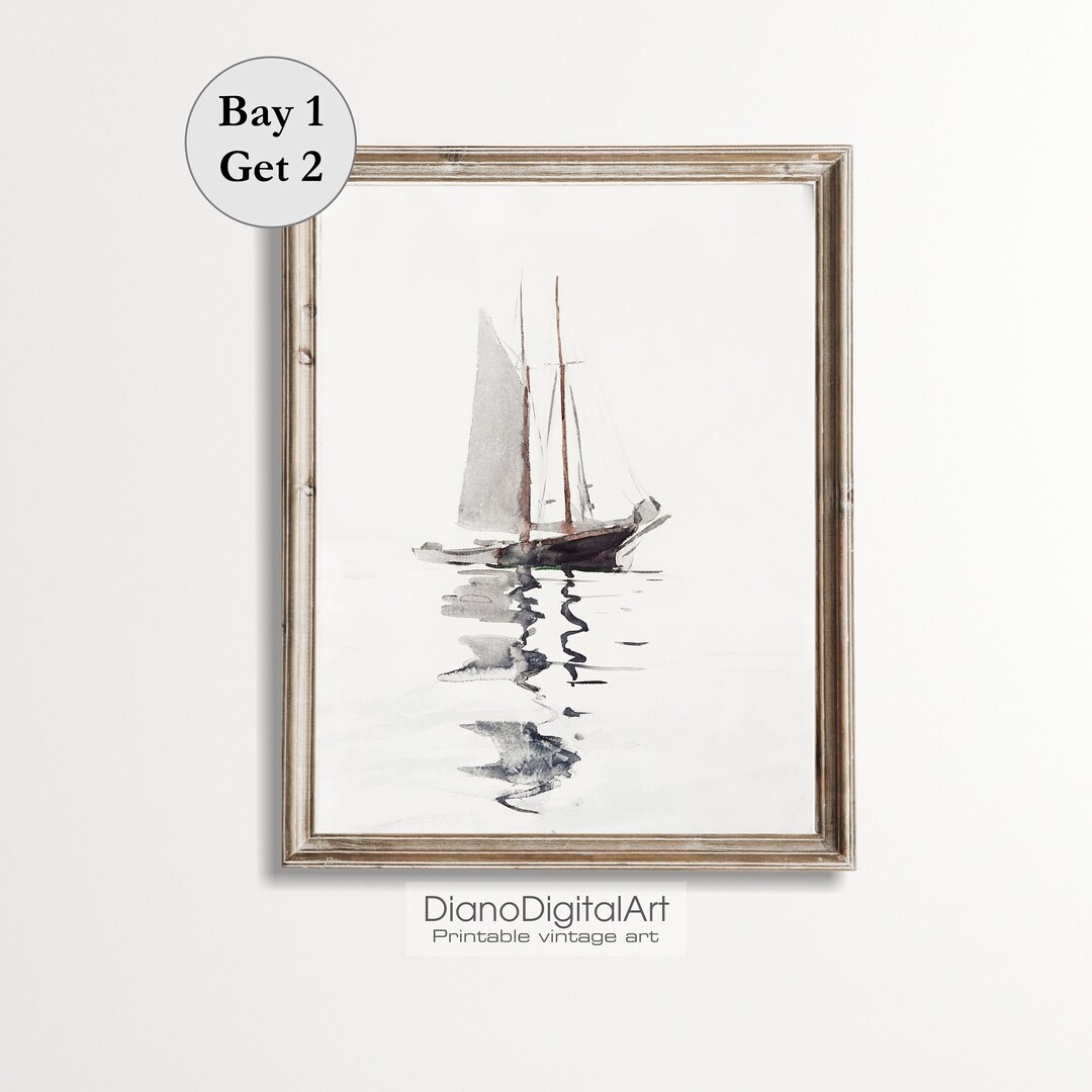 Printable Vintage Sailboat Painting, Sailboat Vintage Watercolor Art ...