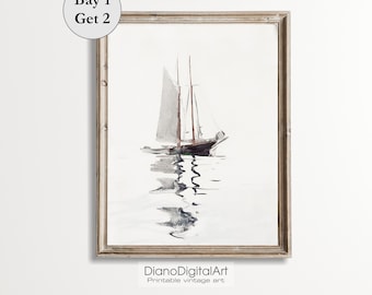 Printable Vintage Sailboat Painting, Sailboat Vintage Watercolor Art,  Neutral Nautical Wall Decor,  Printable Digital Download