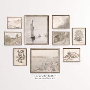 Vintage Set of Nine Gallery Prints in Light Soft Neutral Tones for Digital Download, Printable Wall Art