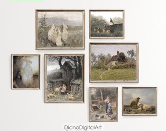 Vintage  Spring Gallery Wall Set of 7, Vintage Easter Prints, Antique Rabbit Painting,  Sheep Print, Printable Wall Art, Digital Download