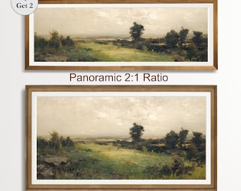 Printable Long Moody Rustic Landscape Painting, Panoramic Vintage Landscape Print, Long wall art, Downloadable Printable
