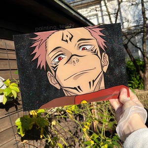Sukuna Anime Glass Painting JJK Holo Black Glitter Background