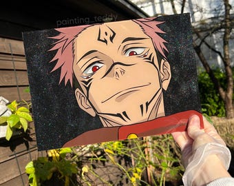 Sukuna Anime Glass Painting JJK Holo Black Glitter Background