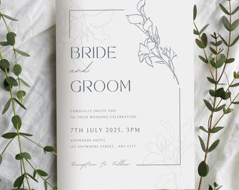 Simple Minimalistic Floral Wedding Invitation (Blue and White) A6