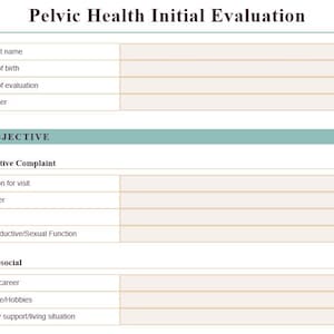 May include: A Pelvic Health Initial Evaluation form with a light beige background and teal headers. The document includes fields for patient name, date of birth, date of evaluation, provider, subjective complaint, and psychosocial information.