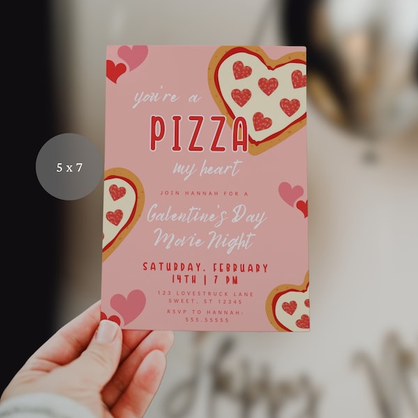 Galentine's Day Movie Night Invitation, Valentine's Day, Pizza Party, Heart Shaped Invite, Girls Night In, Girly Party, Date Night
