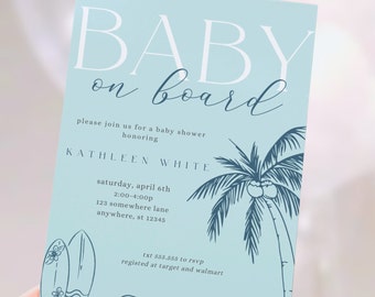 Baby on Board Baby Shower Invite, Summer Shower, Surfboard, Baby Boy, Beach Theme, Editable Template, Printable, Baby Sprinkle