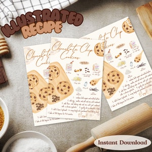 Illustrierte Schokoladenkeks-Rezeptkarten, Rezeptkartenvorlage, bearbeitbare Rezeptkarte, Anpassen und Drucken, Küchendekoration, Backen