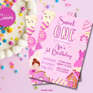 May include: Pink and white invitation with a sweet one theme. The invitation features a cartoon girl in a pink tutu, a donut, and a gingerbread house. The text on the invitation reads "Sweet One" and "Aja's 1st Birthday".