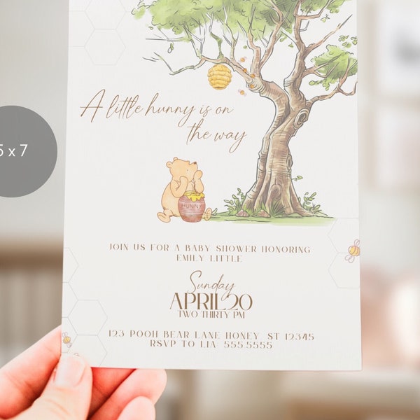 Kleine Hunny-Babyparty-Einladung, klassisches Winnie the Pooh, neutrales Ton-Thema, geschlechtsneutrale Party, Baby-Streuseln, bearbeitbare Vorlage, Druck