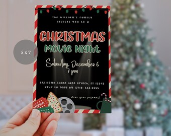 May include: A Christmas movie night invitation with red and white stripes, a black background, and a movie reel, popcorn, and a mug with a candy cane. The text reads "The William's family invites you to a Christmas Movie Night, Saturday, December 6, 7 pm, 123 Home Alone Lane Grinch, ST 12345, RSVP to Tony by 12/18: 555.5555, Wear your pyjamas!"