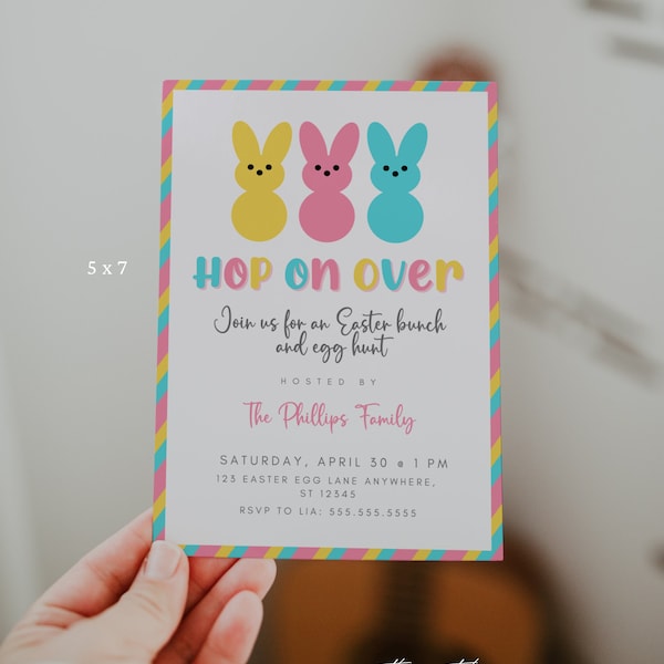 Hop On Over Easter Egg Hunt Invite, Easter Brunch, Peeps, Kid Friendly Party, Editable Template, Pastel, Instant Download, Minimalist, Print