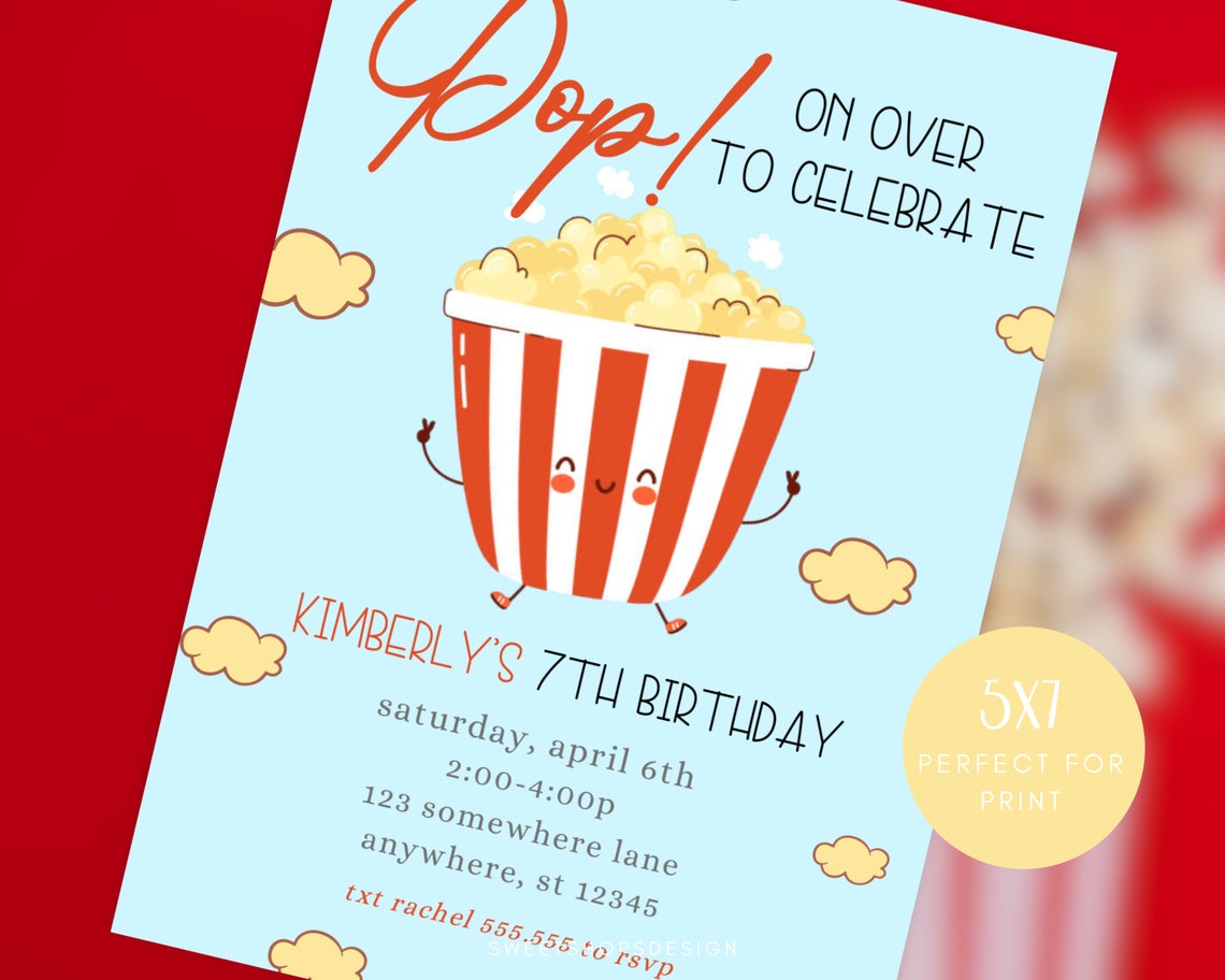 Pop on Over Kids Birthday Party Invite, Popcorn Movie Night, Movie ...