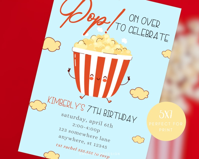 Popcorn Birthday Party Invitation: Movie Night Template (digital ...