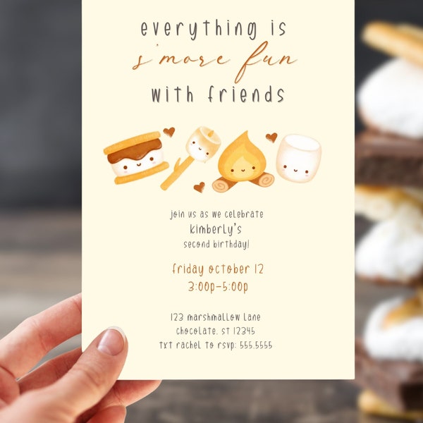 Cute S'More Fun Invitation | Any Age Child Birthday Party | Minimalist Camping Theme | Canva Template |INSTANT DOWNLOAD | Editable Printable