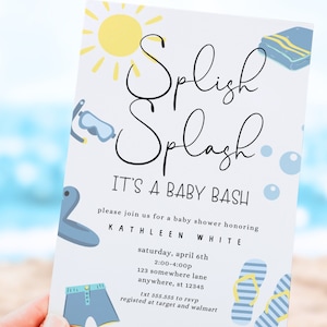 Puede incluir: Una invitación de baby shower azul y amarilla con el texto "Splish Splash It's a Baby Bash" y detalles del evento, incluyendo la fecha, la hora, la ubicación y la información de RSVP.