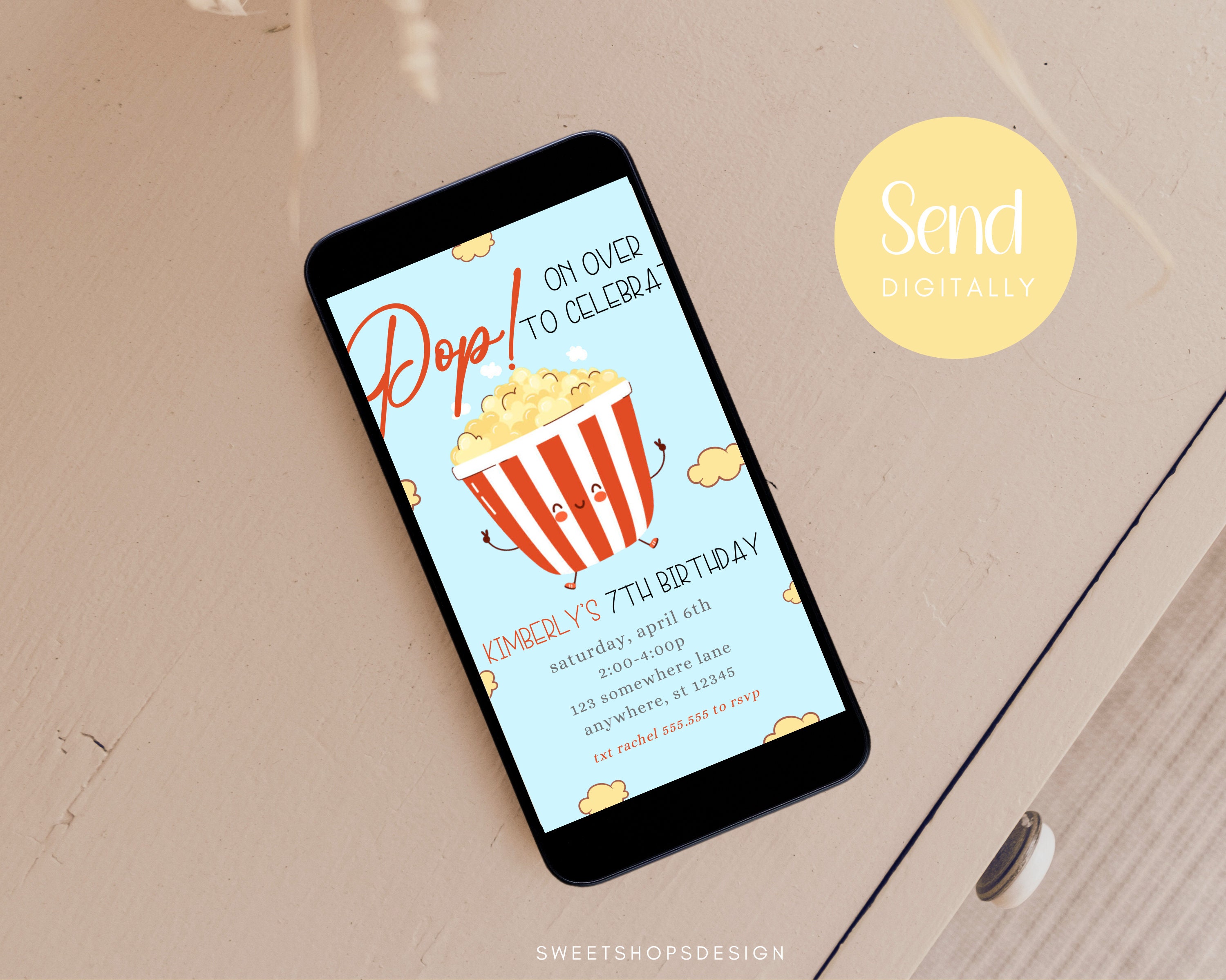 Popcorn Birthday Party Invitation: Movie Night Template (digital ...