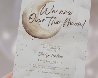 We Are Over The Moon Baby Shower Invite, Digital Download, Editable Template, Phone Evite, Printable, Gender Neutral, Baby Sprinkle, Boho
