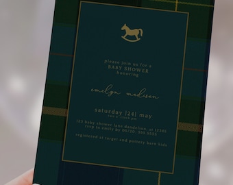 Classic Dark Green Plaid Baby Shower Invitation, Equestrian, Printable, Digital Download, Editable Template, Phone Evite, Baby Sprinkle