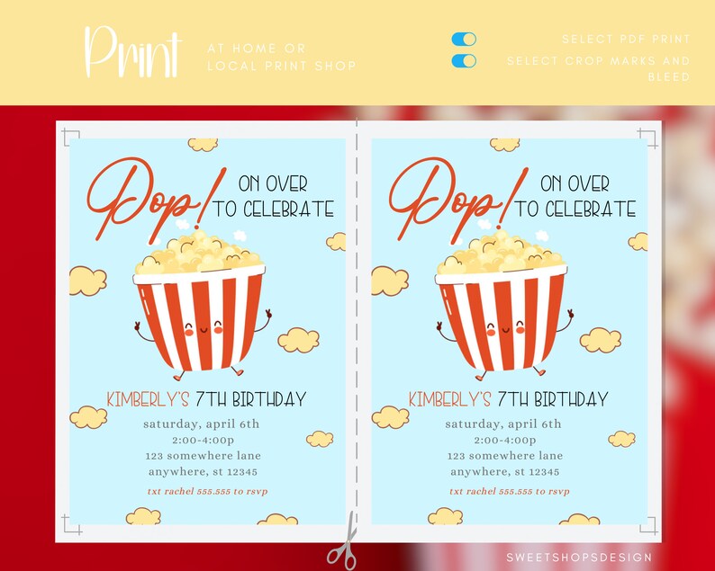 Popcorn Birthday Party Invitation: Movie Night Template (digital ...