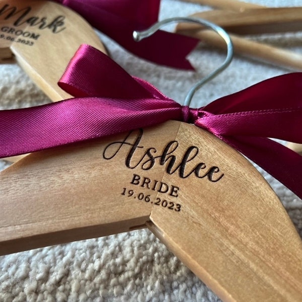 Wooden Personalised Engraved Hanger for Bride and Bridesmaid Dresses perfect for Wedding, Name and Date, Wood or White