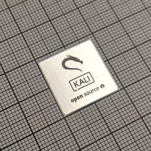 May include: A square, silver sticker with the word "KALI" in a box, a dragon logo, and the words "open source". The sticker is on a gray grid background.
