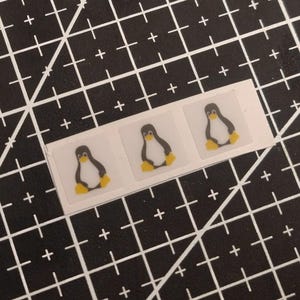 Op de afbeelding: Een strook met drie kleine, vierkante stickers met een grafische illustratie van een pinguïn met een witte buik, een zwart lichaam en gele voeten en snavel. De stickers zijn horizontaal gerangschikt op een witte strook met een transparante rand.