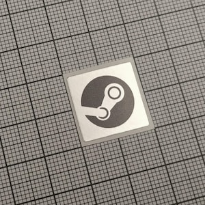 May include: A square, silver sticker featuring the Steam logo, a stylized gear with a circle and a curved line. The sticker is centered on a gray grid background.