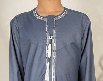 Boys Stone Blue Embroidered Omani Thobe