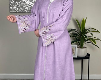 Lavender Open Abaya with Embroidered Sleeves