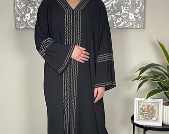 Black Crepe Embellished and Embroidered Open Abaya