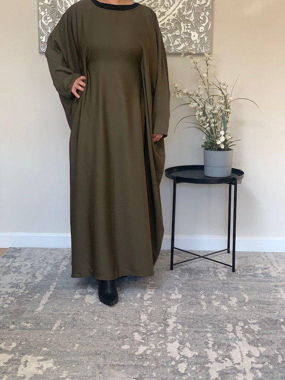 olive green abaya dress Olive Green Embroidered Abaya Set main image 1