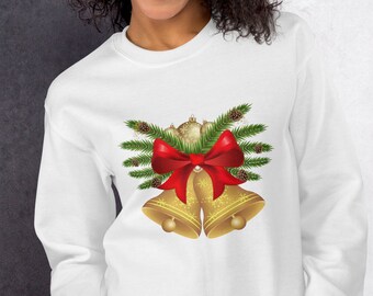 JINGLE BELLS Warmes Urlaubs-Sweatshirt Pullover Langarm T-Shirt T-Shirt T-Shirt T-Shirt Ornament rote Schleife Tannenzapfen