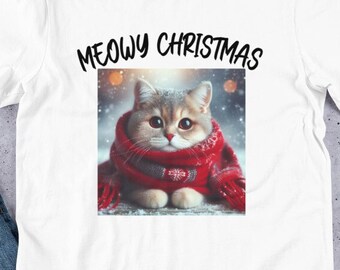 MEOWY MERRY CHRISTMAS T-shirt Tshirt T-Shirt Tee Geschenk für Ihn ihr Freund Freundin Mann Gemütliche Katze in einem Roten Schal Schneeflocken