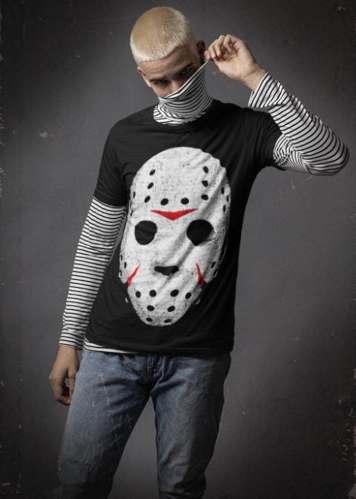 Hockey Maske Halloween T-shirt Tshirt T-Shirt Tee Geschenk für Ihn Ihr Freund Freundin Mann Retro Horrorfilm Maske Halloween-Kostüm