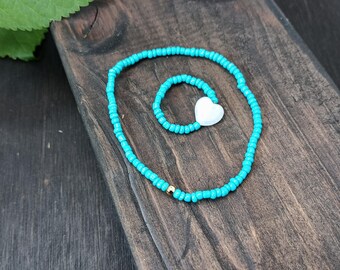 Jadeite Heart Ring & Tiny Blue Bead Bracelet Set, Adjustable Elastic Ring, Minimalist Jewelry Gift
